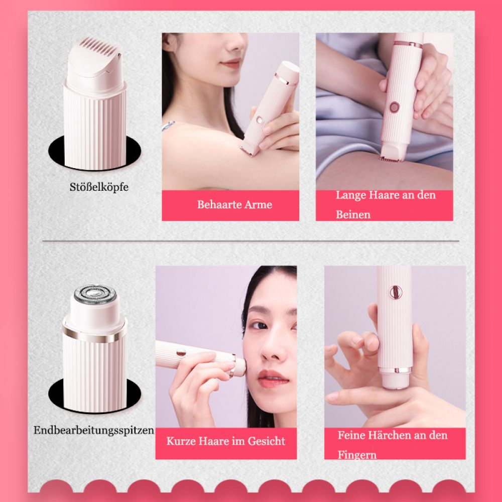 Das Bild zeigt einen Enthaarungsapparat mit verschiedenen Aufsätzen und Anwendungsfällen: Arme, Beine, Gesicht und Finger. Das Gerät ist weiß und rosa.