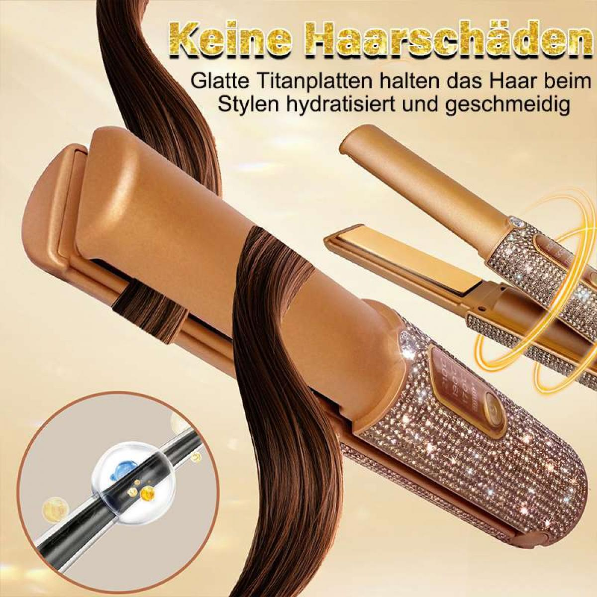 Ein goldener Haarglätter mit Strasssteinen und eine Strähne braunes Haar. Text auf Deutsch: 'Keine Haarschäden'.