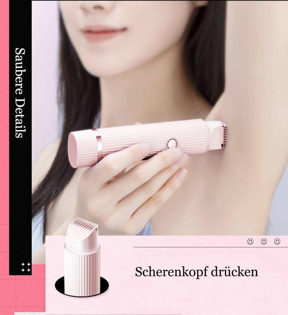 Eine Frau rasiert ihre Achselhöhle mit einem pinkfarbenen Elektrorasierer. Ein abgetrennter Rasiererkopf wird unten gezeigt. Text lautet: 'Scherenkopf drücken'.
