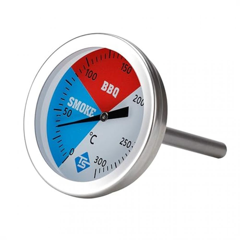 Ein BBQ-Thermometer mit Edelstahlgehäuse. Das Zifferblatt ist in blaue, weiße und rote Abschnitte unterteilt, die Temperaturbereiche anzeigen.