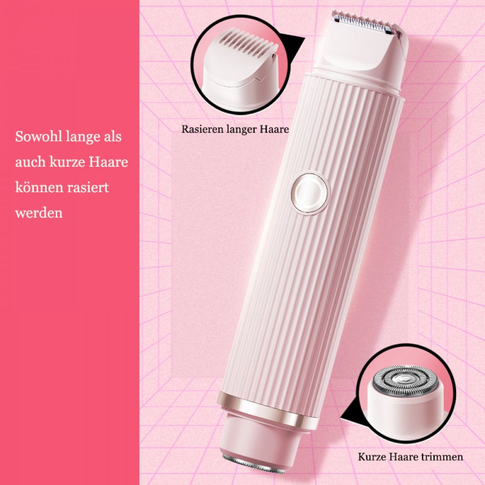 Ein rosa-weißer Elektrorasierer mit Diagrammen, die das Trimmen langer und kurzer Haare zeigen. Text erklärt, dass sowohl lange als auch kurze Haare rasiert werden können.