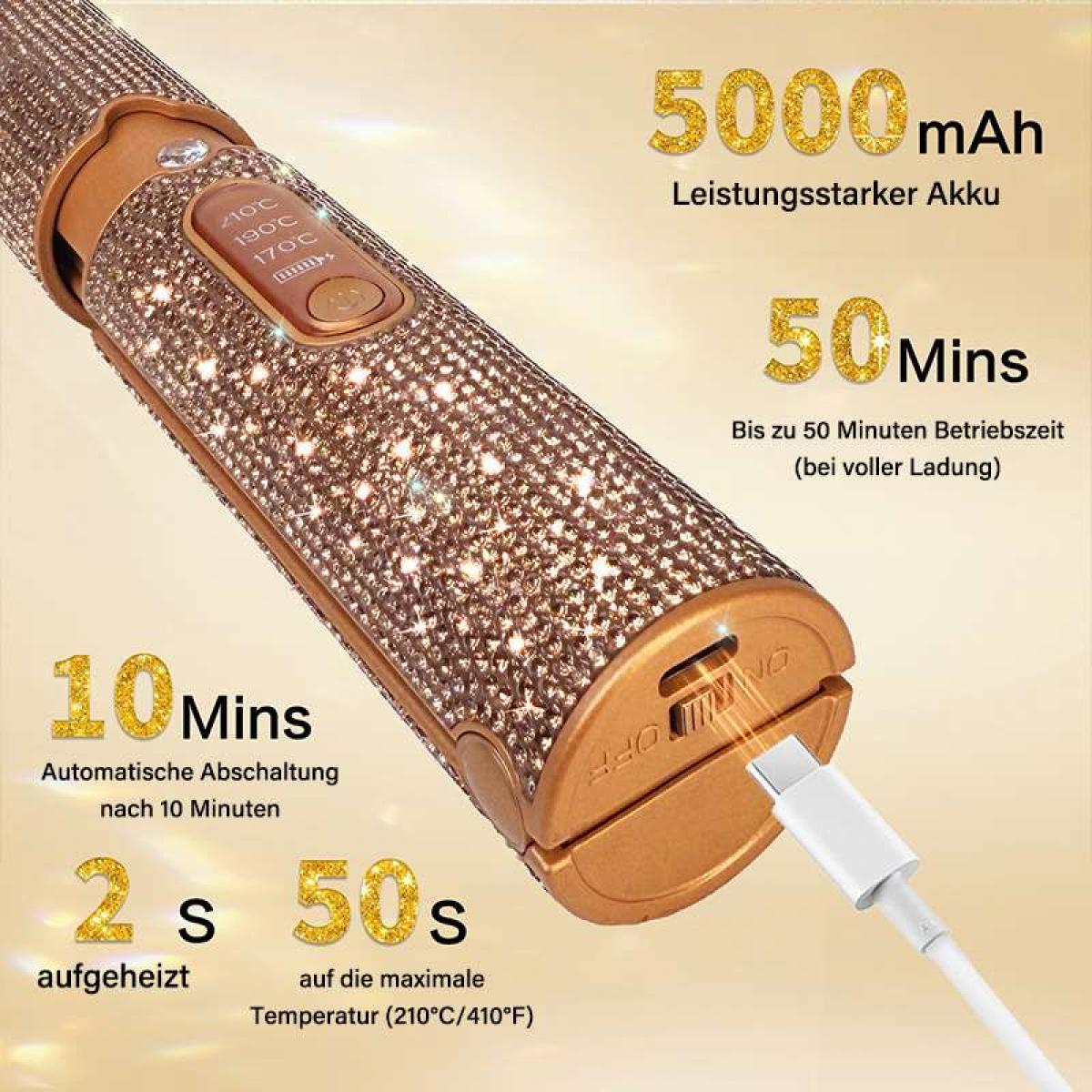 Ein mit Strass besetztes Haarstyling-Tool mit Ladekabel. Es hat Temperatureinstellungen, eine Abschaltautomatik und Akkulaufzeitangaben.