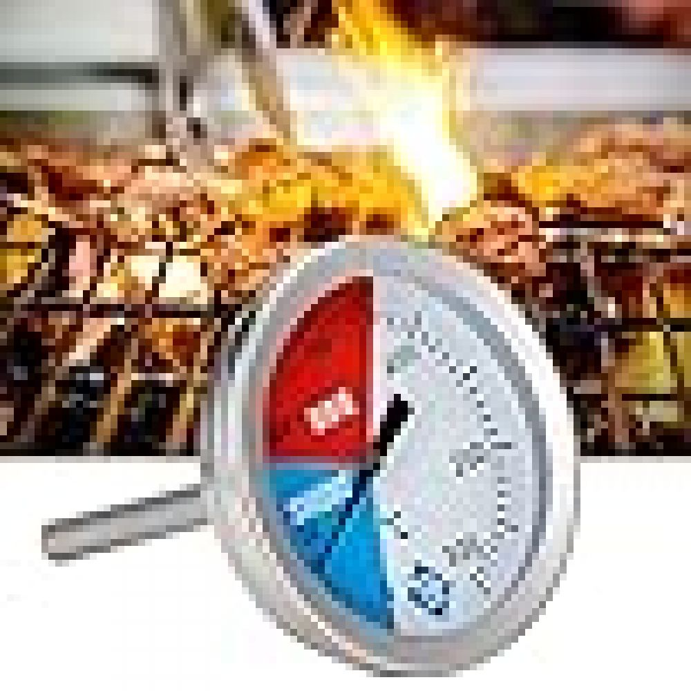 Ein Thermometer mit roten, weißen und blauen Abschnitten. Der Hintergrund zeigt einen Grill mit Feuer.
