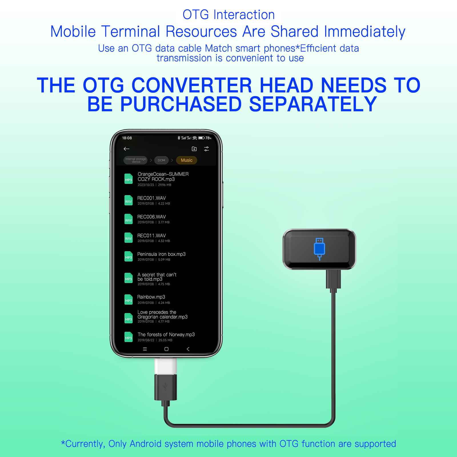 Telefon mit OTG-Adapter verbunden. Telefon zeigt Musikdateien. Text besagt, dass OTG-Ressourcen sofort geteilt werden.