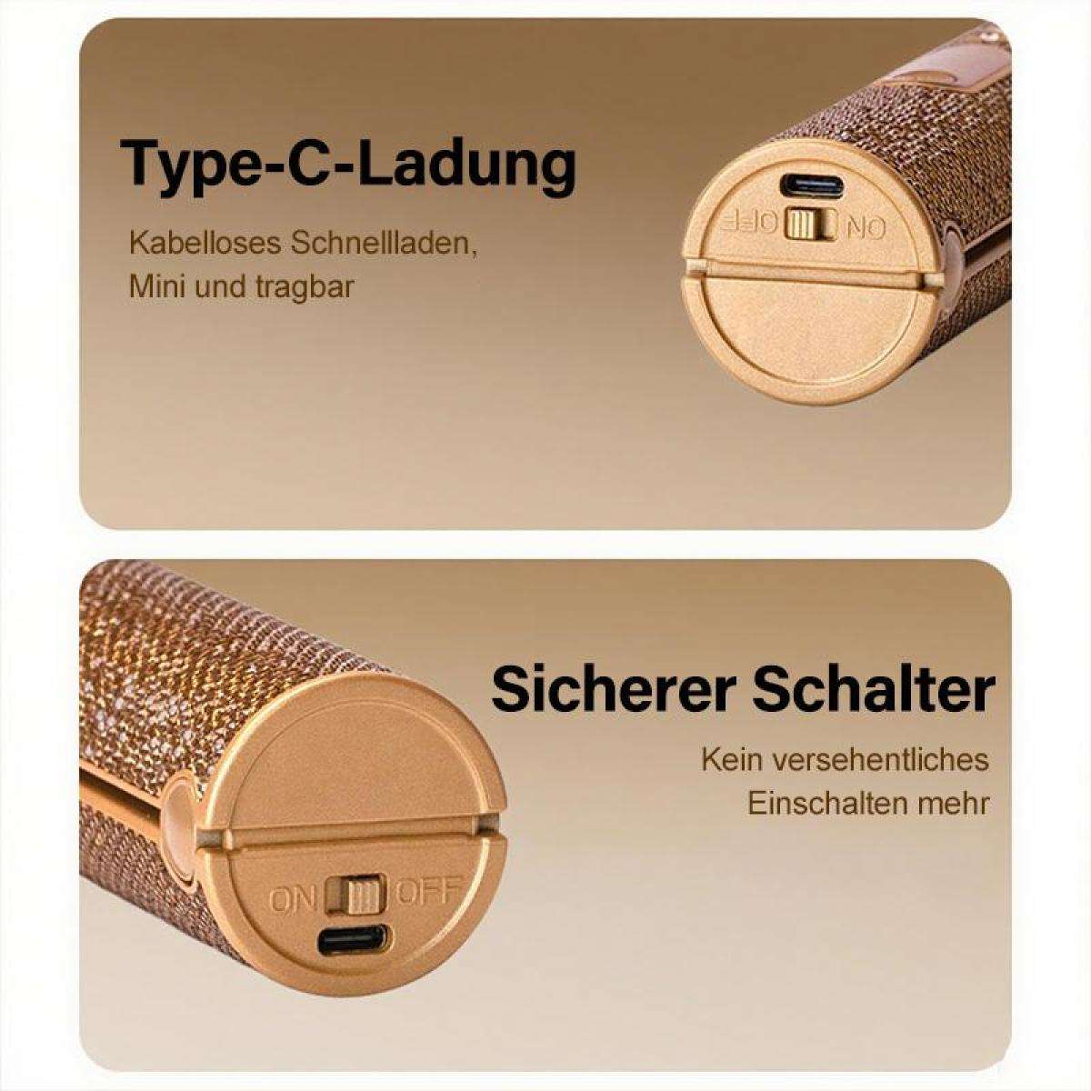 Das Bild zeigt ein Produkt mit Typ-C-Ladung. Es verfügt über 'ON/OFF'-Schalter und den Text 'Sicherer Schalter'.