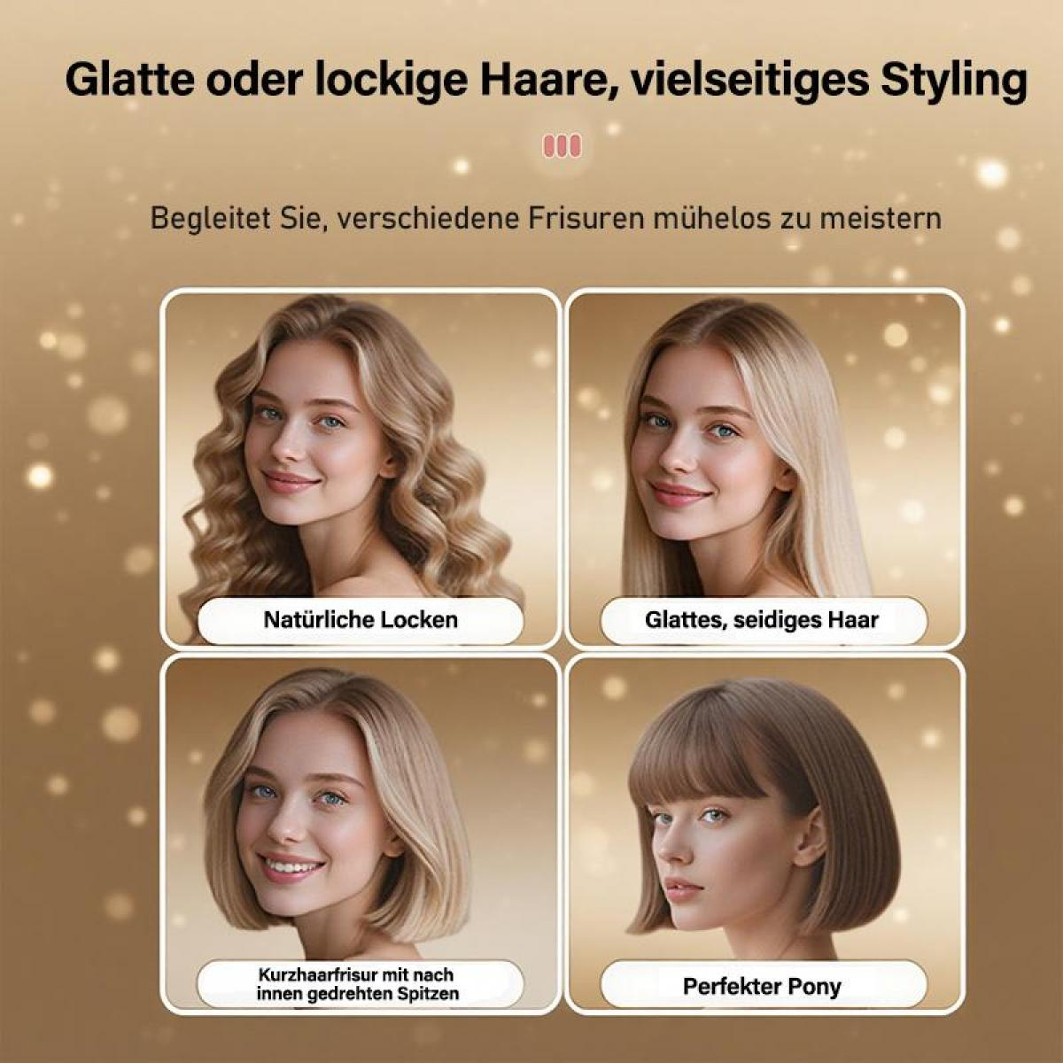 Das Bild zeigt vier Frauen mit verschiedenen Frisuren: lockig, glatt, Bob mit nach innen gedrehten Spitzen und einem perfekten Pony, alle mit blondem Haar.