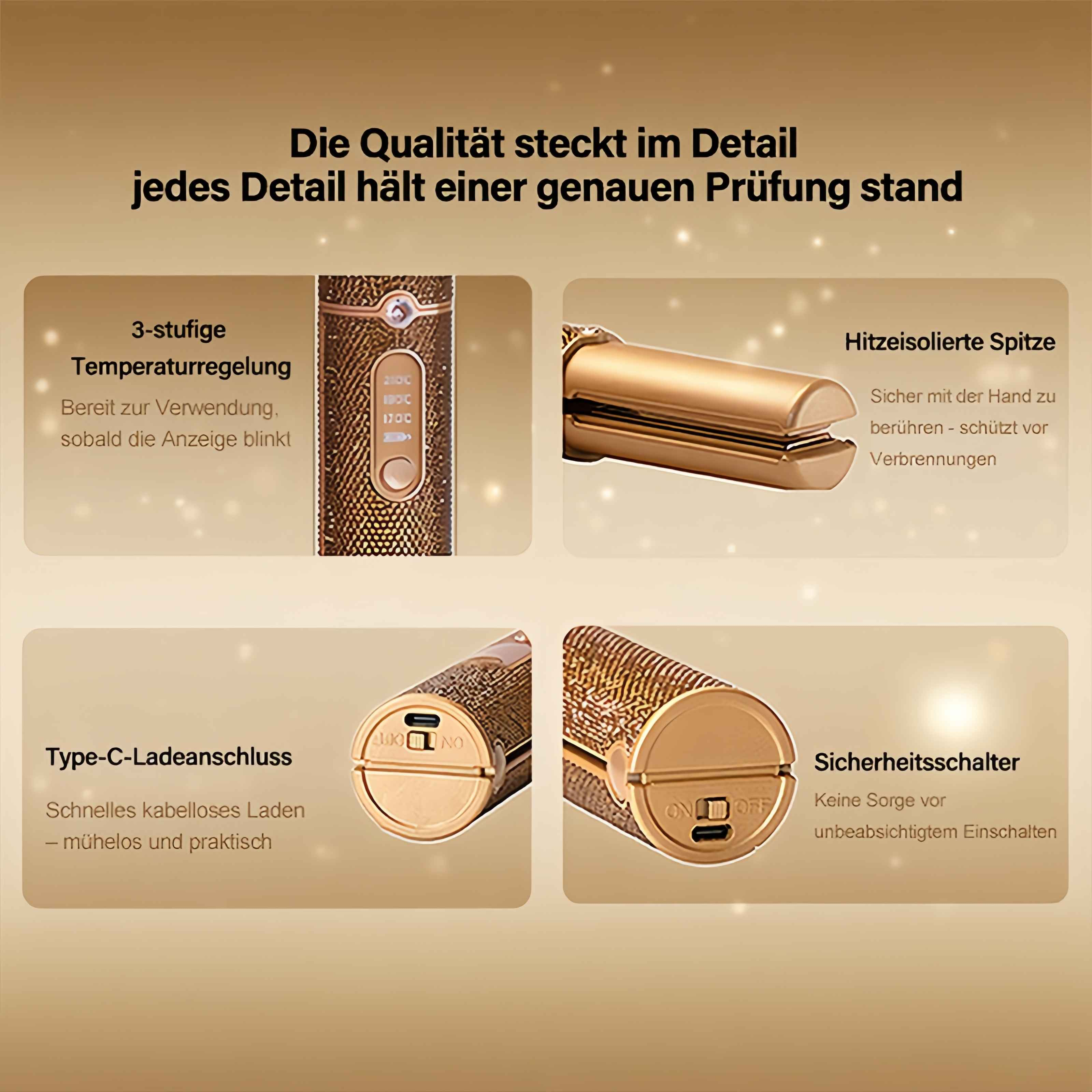 Werbung zeigt ein goldenes Glätteisen mit Funktionen: Temperaturregelung, Hitzespitze, C-Typ-Aufladung und Sicherheitsschalter.