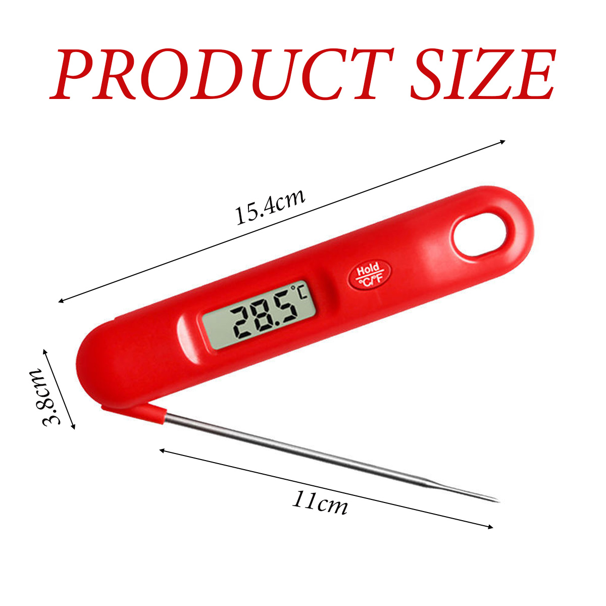 Ein rotes digitales Lebensmitteltemperaturmessgerät, das 28,5 °C anzeigt. Abmessungen: 15,4 cm lang, 3,8 cm breit, mit einer 11 cm langen Sonde.