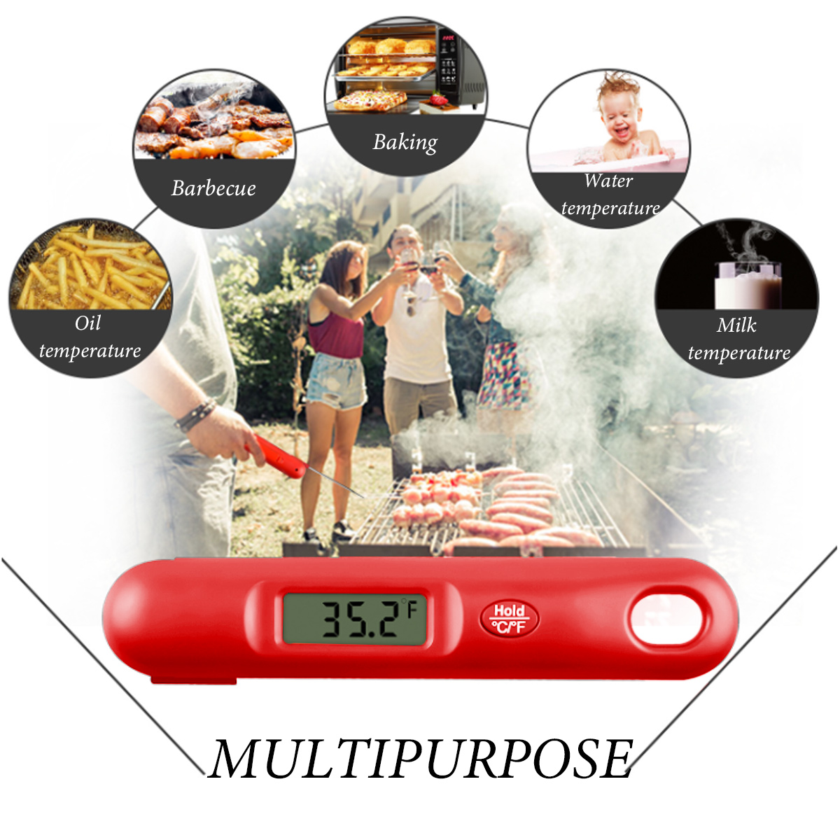 Ein rotes Thermometer zeigt 35,2 °F an. Es ist umgeben von Bildern: Grillen, Backen, Baby, Öltemperatur und Milchtemperatur.