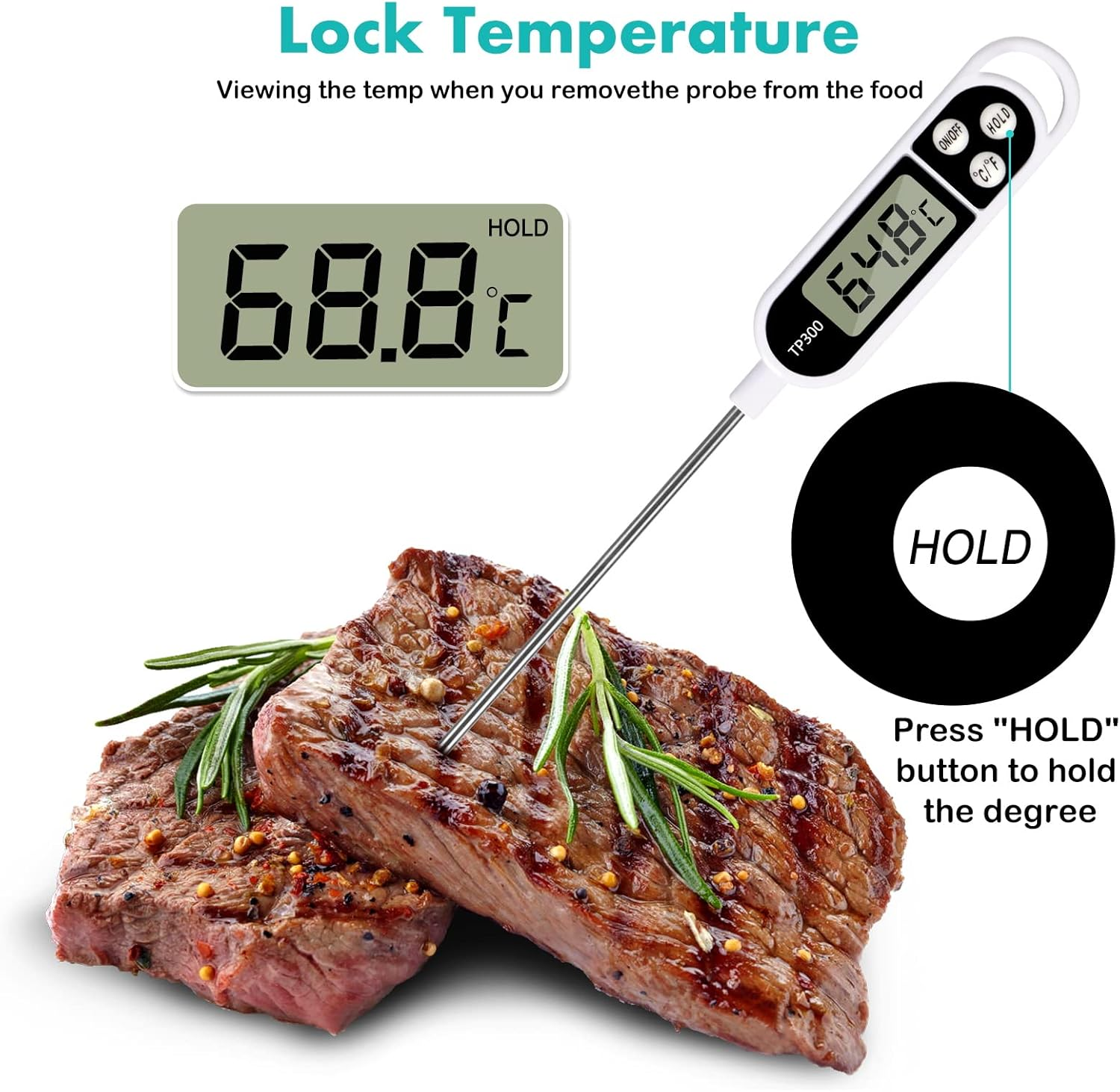 Ein Thermometer zeigt 64,8°C an. Zwei gebratene Steaks mit Rosmarin, eine HOLD-Taste und eine Anzeige mit 68,8°C sind ebenfalls vorhanden.