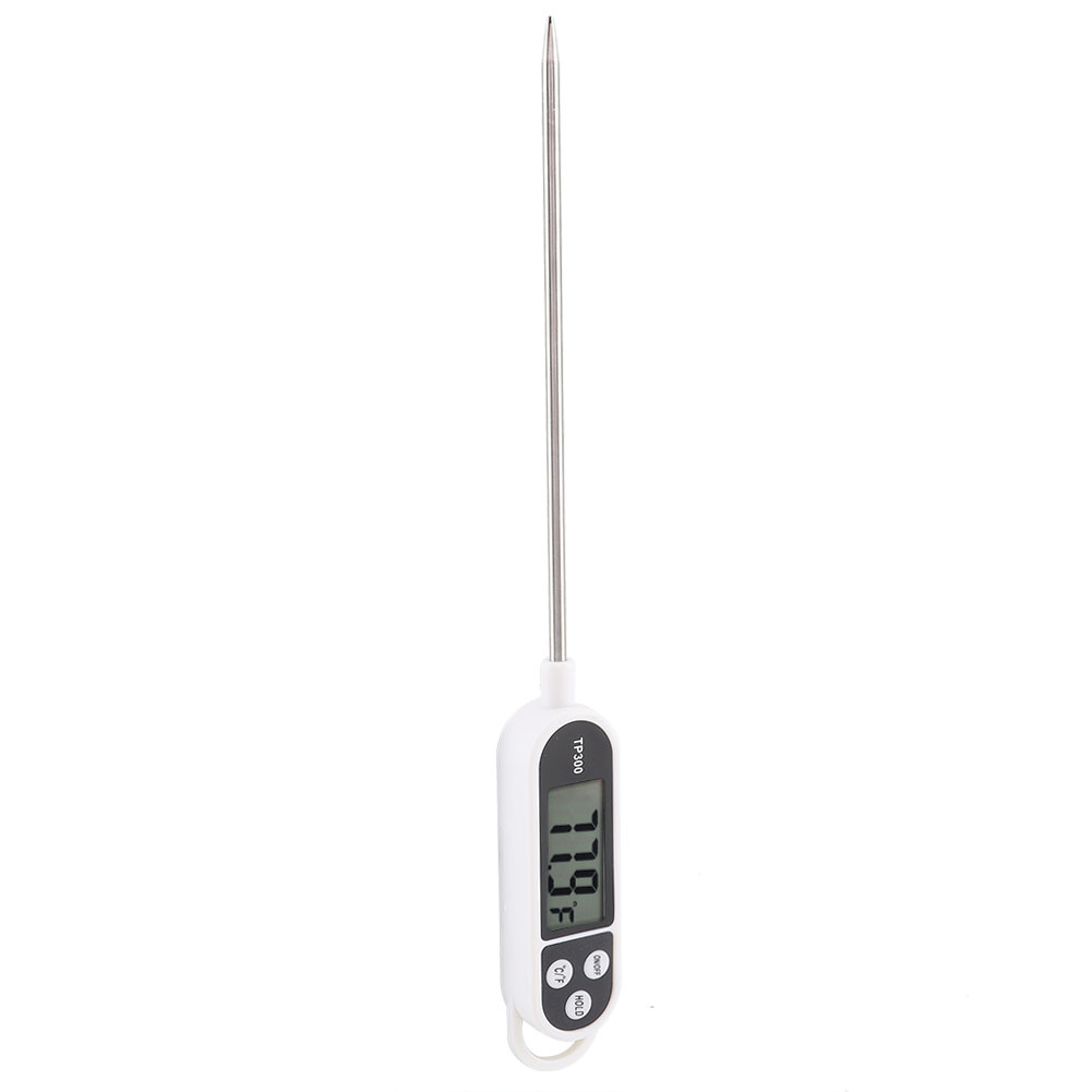 Ein weißes digitales Thermometer mit langer Metallsonde wird angezeigt. Der Bildschirm zeigt 119,5 °F. Auf dem Griff sind Tasten zu sehen.