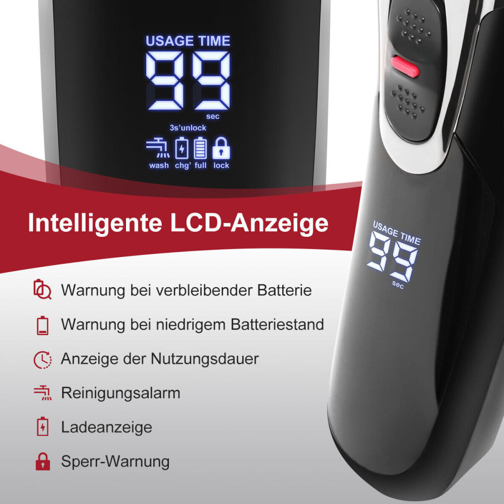 Schwarzer Elektrorasierer mit digitaler Anzeige, die die Nutzungszeit von 99 Sekunden anzeigt. Text auf Deutsch und Symbole vorhanden.
