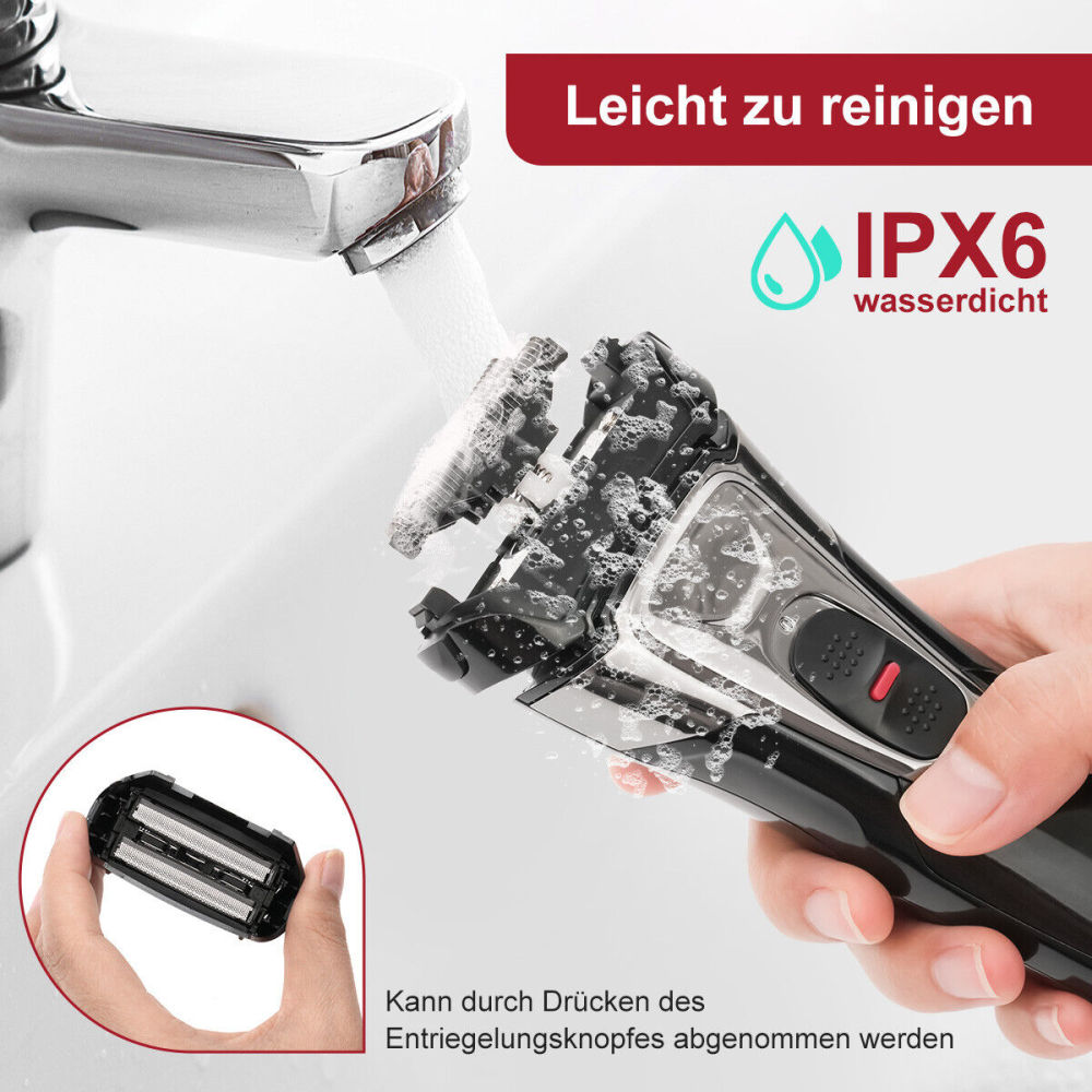 Ein elektrischer Rasierer, der unter einem Wasserhahn gespült wird. Der Rasierer ist geöffnet, und Wasser läuft über die Klingen. Eine Hand hält den Rasierer.