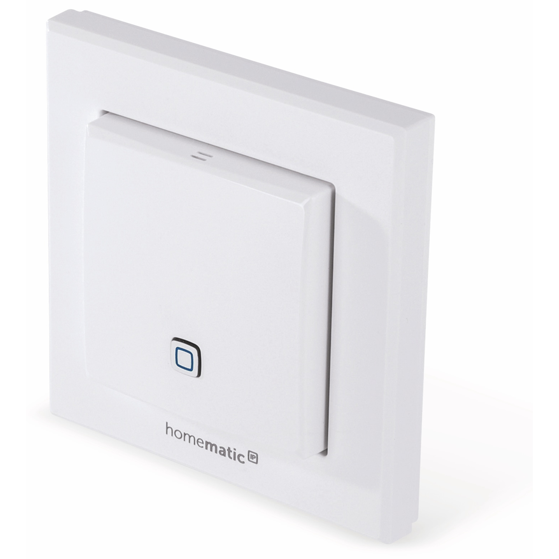 Weißer Homematic Smart-Schalter. Er hat eine quadratische Basis und eine rechteckige Taste mit blauem Symbol.