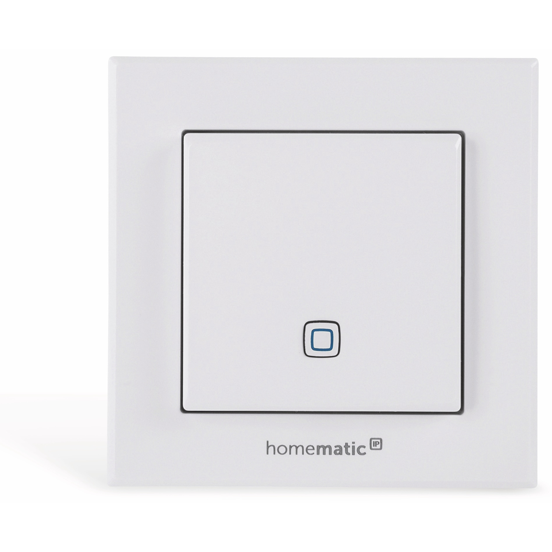 Ein weißer Lichtschalter mit schwarzem Umriss und blauem Symbol. Unten steht der Markenname 'homematic ip'.