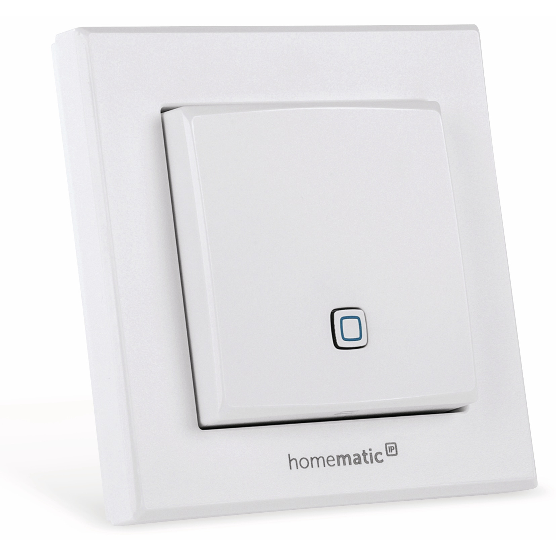 Ein weißer intelligenter Lichtschalter mit quadratischer Taste und blauem Umriss. Die Marke 'homematic ip' ist sichtbar.
