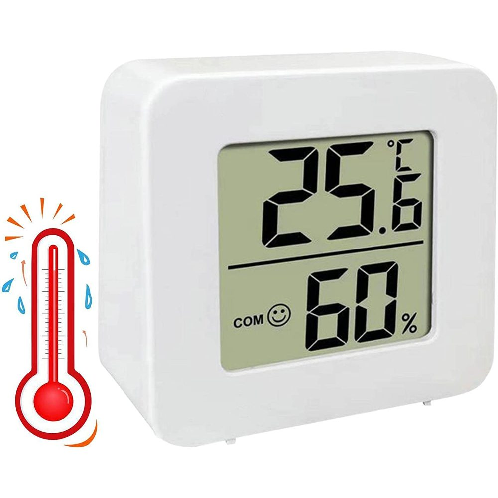 Ein weißes digitales Thermometer zeigt 25,6 Grad und 60 % Luftfeuchtigkeit an. Ein rotes Thermometer-Symbol befindet sich links.