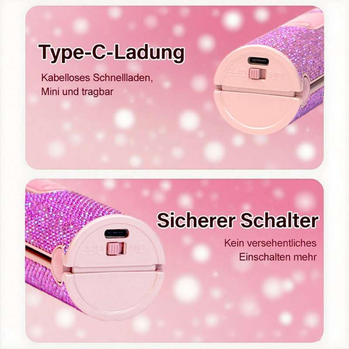Das Bild zeigt zwei Nahaufnahmen eines rosa, funkelnden Geräts mit Ein-/Ausschalter und einem Typ-C-Ladeanschluss. Text auf Deutsch beschreibt Funktionen.