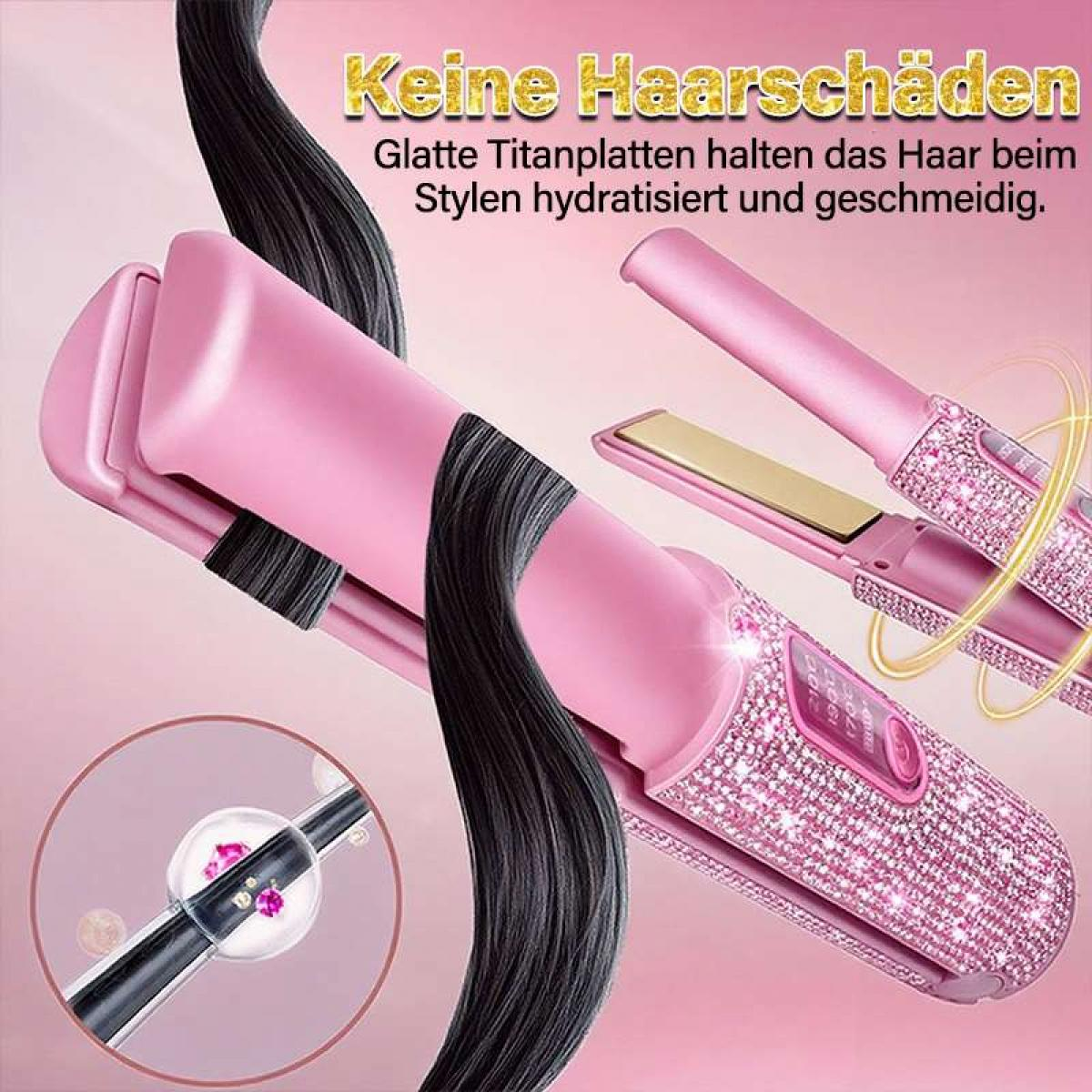 Ein pinkes Glätteisen mit Strasssteinen wird gezeigt. Dunkles Haar wird gestylt. Text auf Deutsch: 'Keine Haarschäden'.