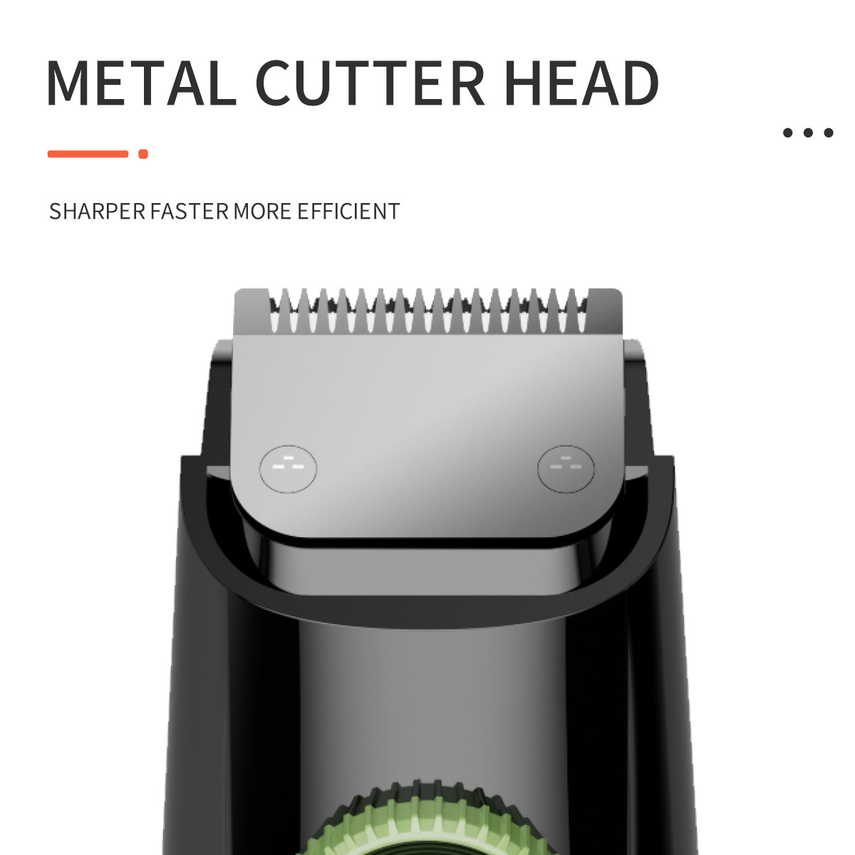 Nahaufnahme eines Metallschneidkopfes für einen Rasierer. Der Kopf ist silberfarben mit feinen Zähnen, vor einem schwarzen Griff und weißem Hintergrund.