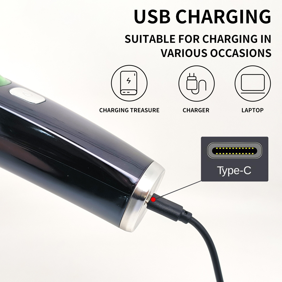 Ein schwarzes Gerät mit eingestecktem Ladekabel, zusammen mit Symbolen für Ladeoptionen und einem 'Type-C'-Detail.