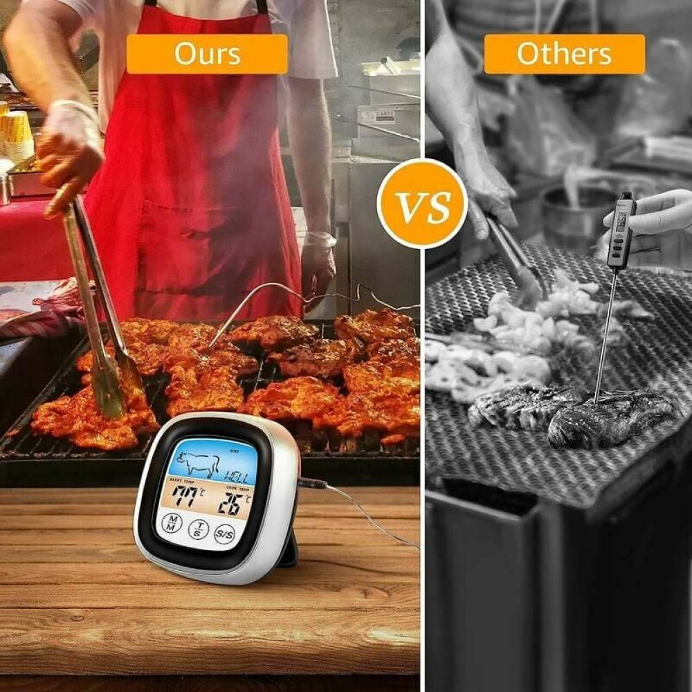 Vergleich von Grillmethoden. Links: Rote Schürze, Fleisch auf dem Grill, Thermometer. Rechts: Graustufen, Fleisch auf dem Grill, Thermometer.