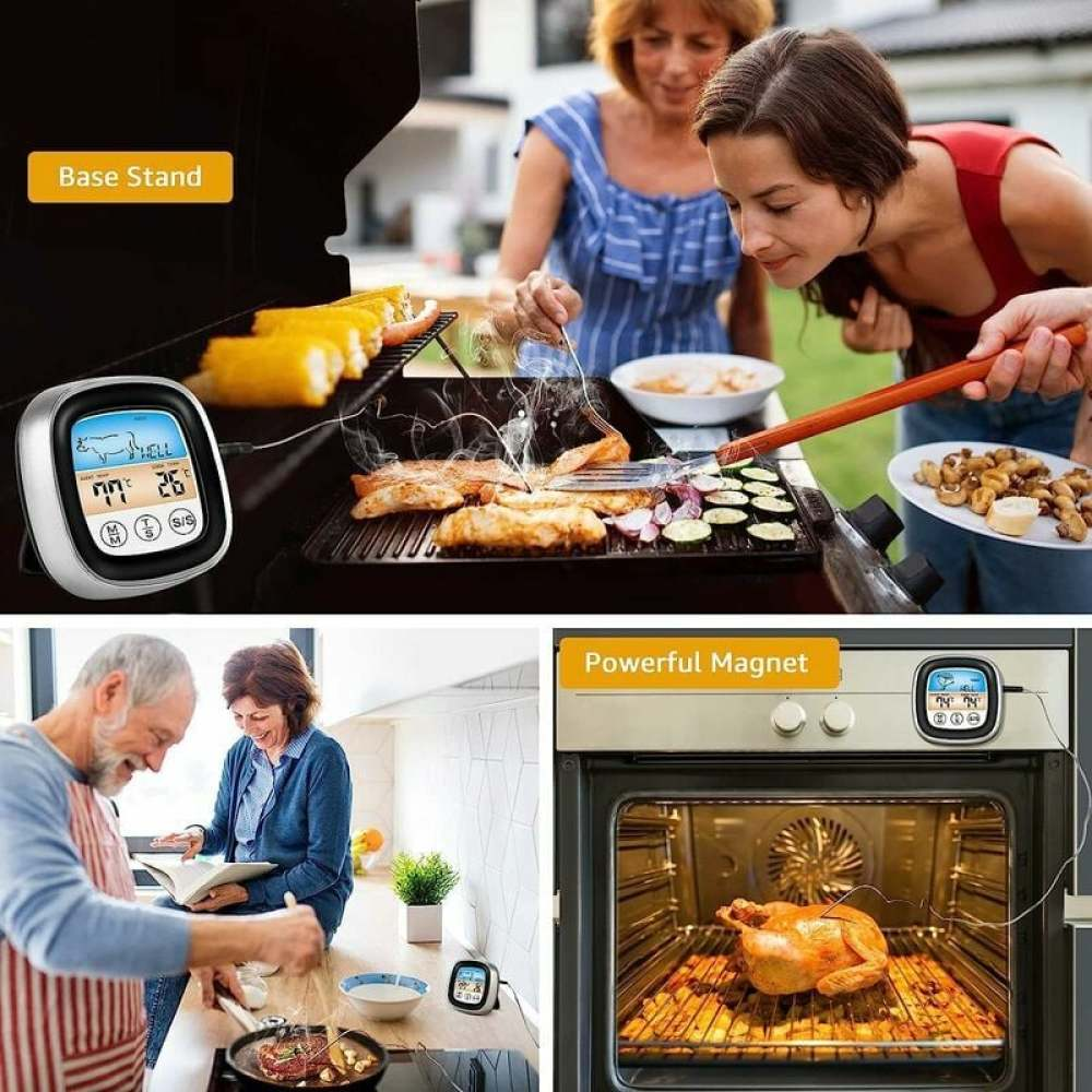 Menschen grillen Essen mit Thermometer. Nahaufnahmen zeigen Küche und Ofen mit Brathähnchen, alles mit Thermometer.