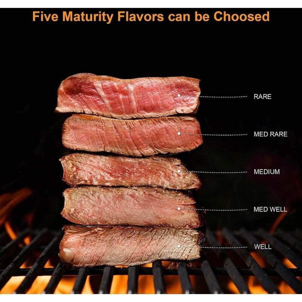 Das Bild zeigt fünf Steakstücke, von rare bis well-done, auf einem Grill. Jeder Schnitt ist mit seinem Gar-Grad gekennzeichnet.