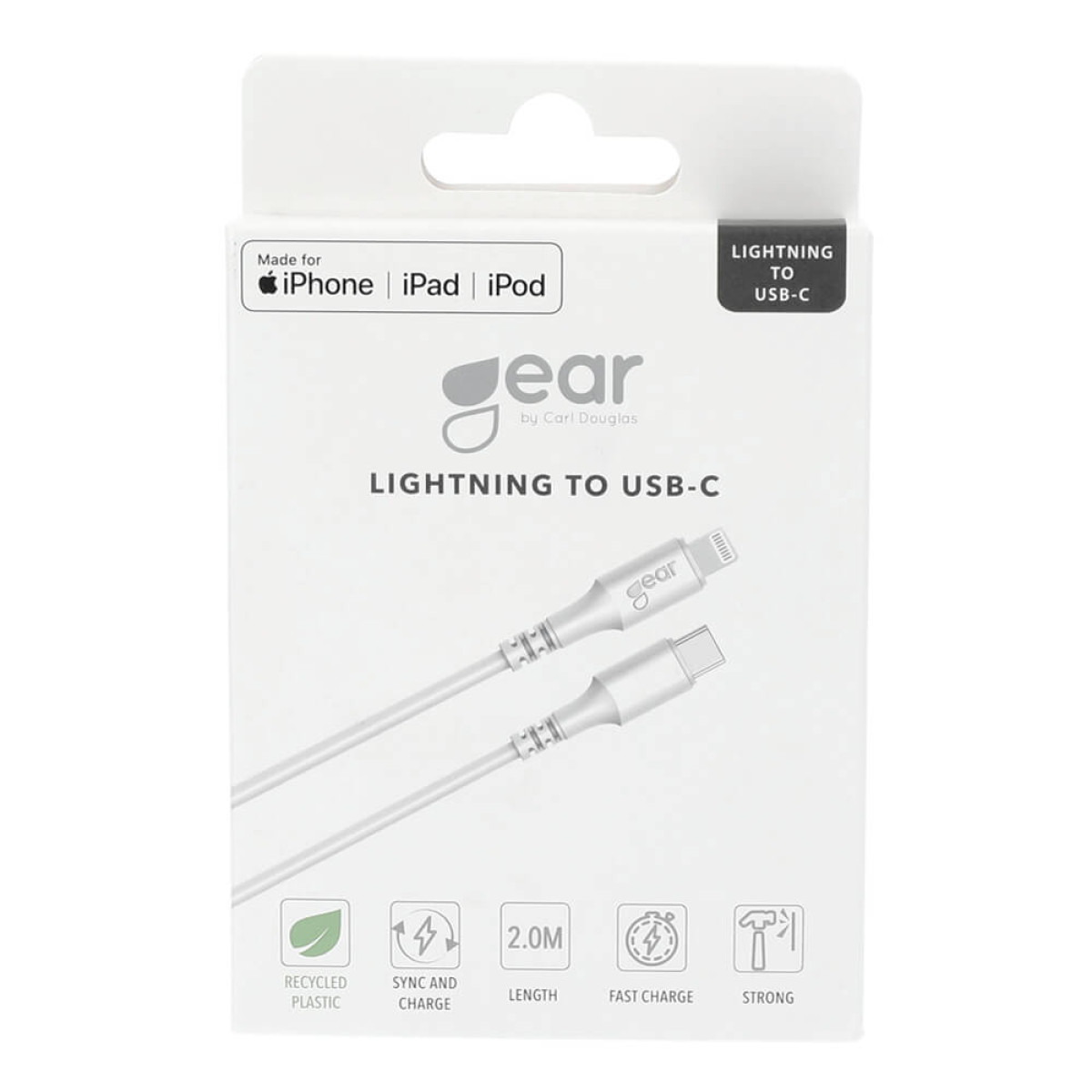 Weiße Box mit einem Lightning-zu-USB-C-Kabel. Text: iPhone, iPad, iPod, Lightning zu USB-C, Gear, recycelter Kunststoff, Synchronisieren & Laden.