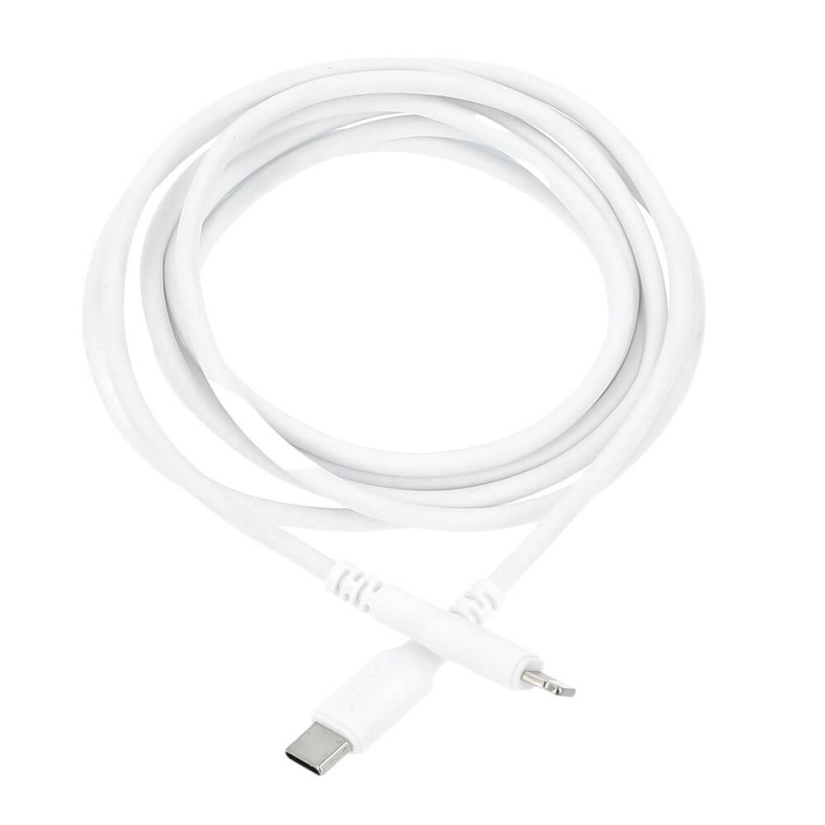 Ein weißes USB-C-auf-Lightning-Kabel. Das Kabel ist in Schlaufen gewickelt, mit Anschlüssen an beiden Enden. Der Hintergrund ist weiß.