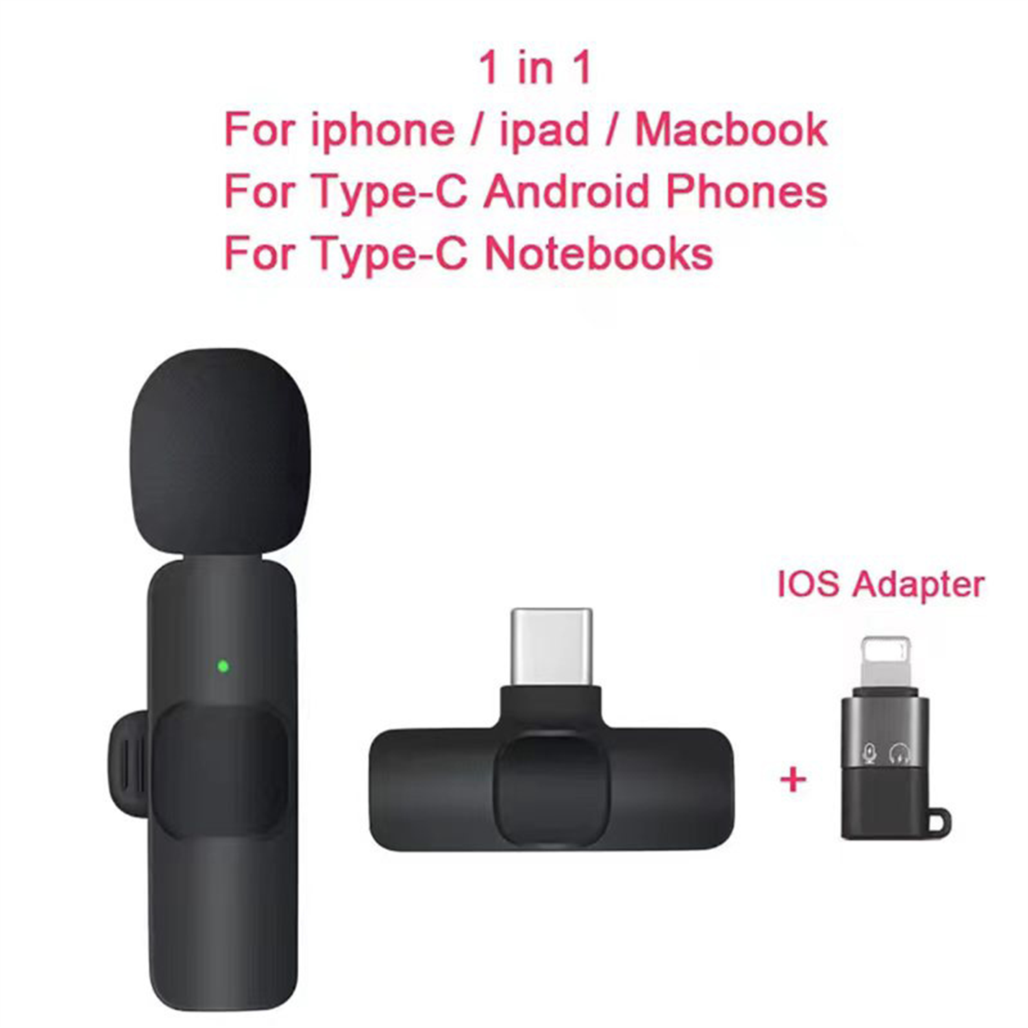 Das Bild zeigt ein schwarzes Mikrofon, einen Typ-C-Adapter und einen iOS-Adapter, mit Text, der die Kompatibilität mit verschiedenen Geräten angibt.
