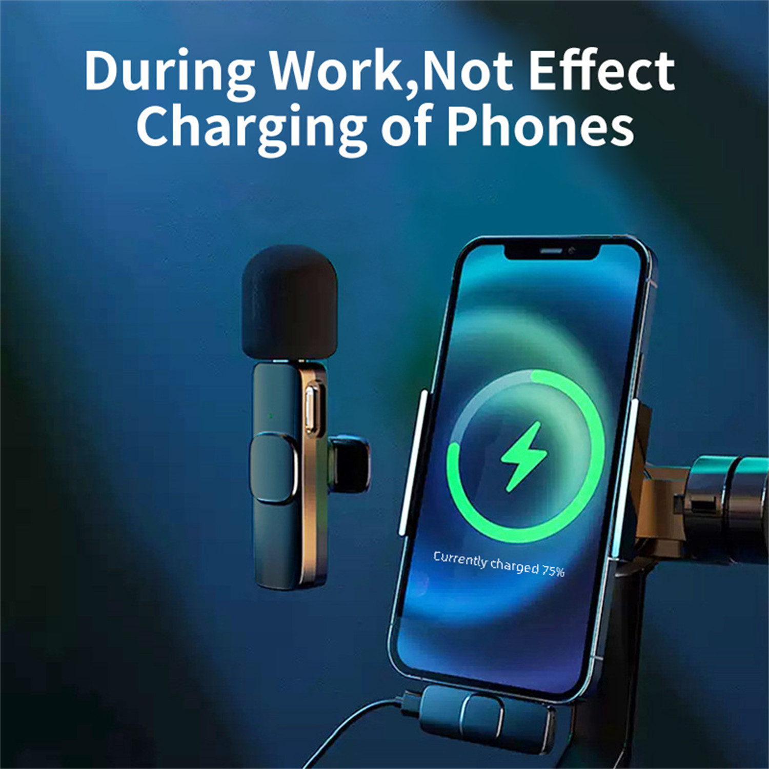 Ein Telefon, das mit 75 % Akku geladen wird, ein Mikrofon und ein Ladekabel. Text: Während der Arbeit, keine Auswirkung auf das Aufladen von Telefonen.