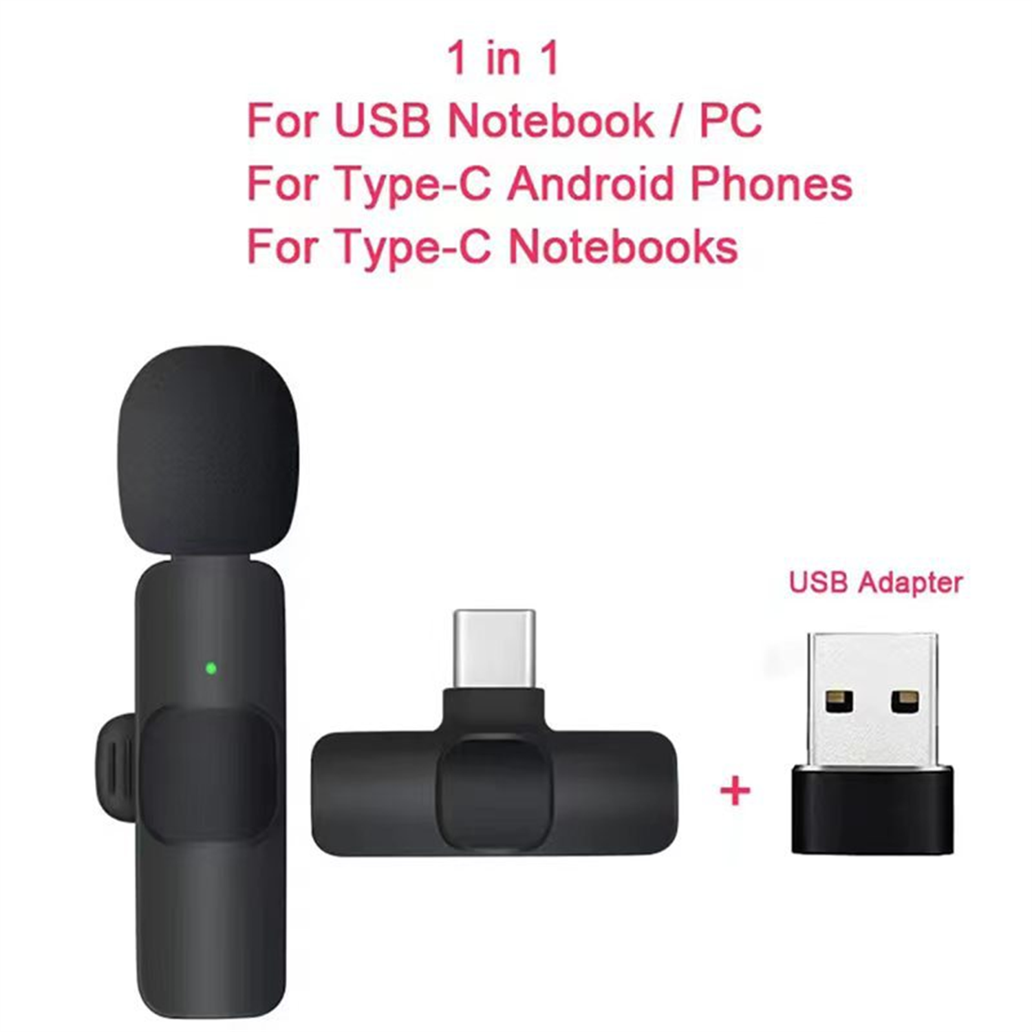 Schwarzes Mikrofon, Stecker und USB-Adapter auf weißem Hintergrund. Text weist auf Kompatibilität mit verschiedenen Geräten hin.