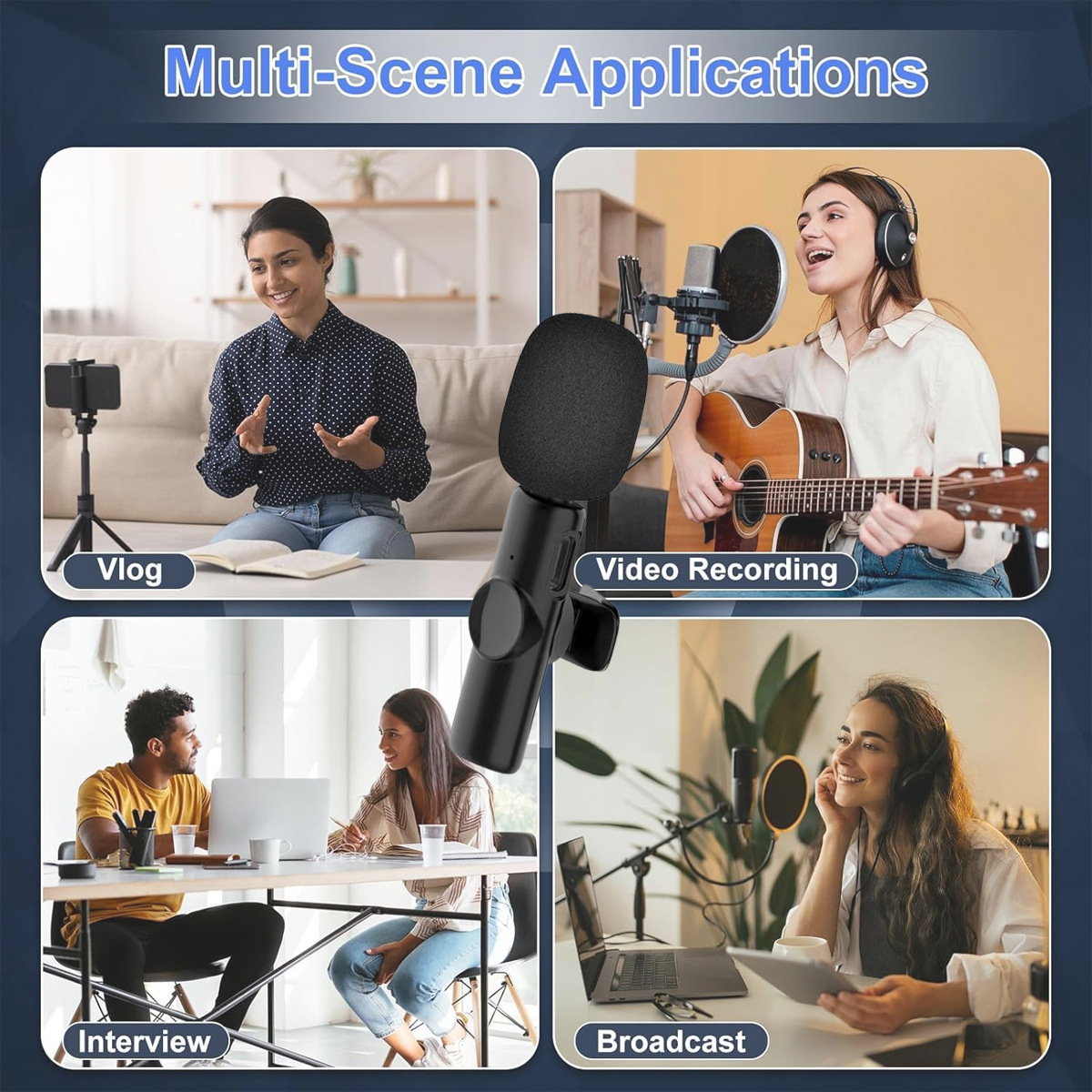 Das Bild zeigt verschiedene Szenen mit einem Mikrofon: Vlogging, Videoaufnahme mit Gitarre, Interview und Rundfunk. Jede Szene zeigt unterschiedliche Einstellungen.