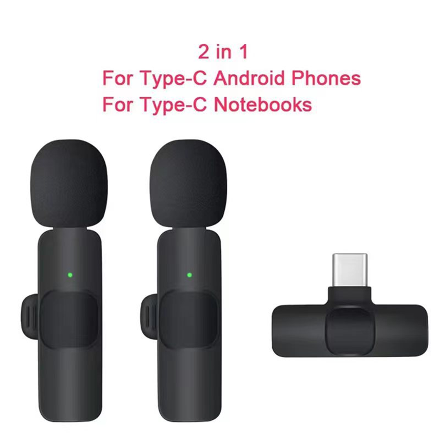 Das Bild zeigt zwei schwarze Mikrofone mit Schaumstoffabdeckungen und einen USB-C-Adapter. Text: '2 in 1 für Typ-C Android-Telefone & Notebooks'.