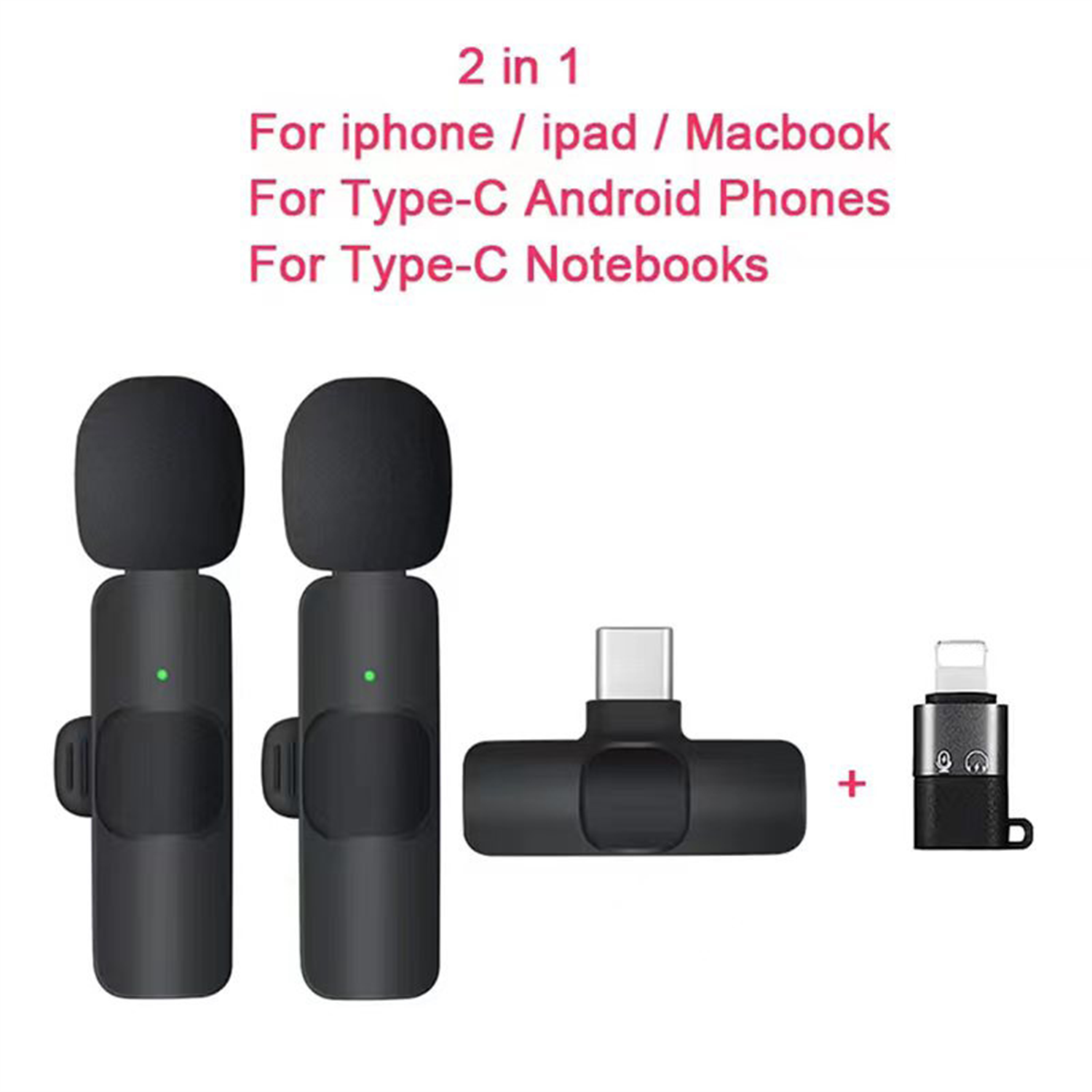 Das Bild zeigt zwei schwarze drahtlose Mikrofone, einen schwarzen Adapter und einen kleinen Adapter mit Lightning-Anschluss. Text enthält Gerätekompatibilität.