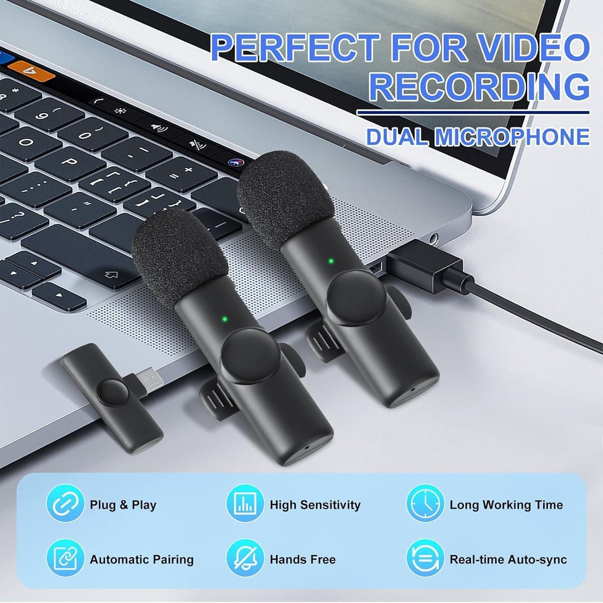 Zwei schwarze Mikrofone mit Schaumstoffhüllen liegen auf einem Laptop. Ein USB-Empfänger ist vorhanden. Text zeigt 'Perfekt für Videoaufnahmen'.