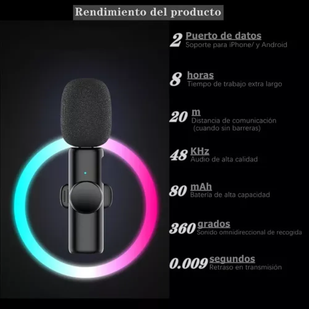 Ein schwarzes Mikrofon auf schwarzem Hintergrund. Datenanschluss, 8 Stunden Arbeit, 20m Reichweite, 48KHz Audio, 80mAh Akku, 360 Grad Sound.