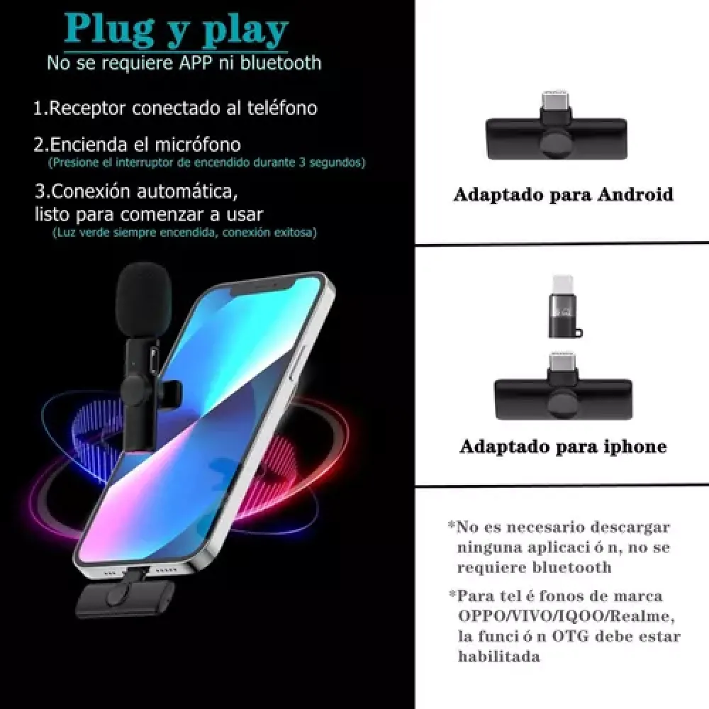 Das Bild zeigt ein Telefon mit Mikrofon und Adaptern für Android und iPhone. Text sagt 'Plug and Play' und weitere Anweisungen.
