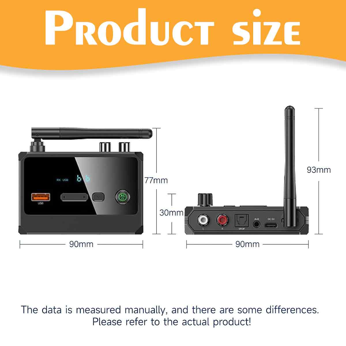 Produktgrößendiagramm. Schwarze Geräte mit Abmessungen in Millimetern. Text: PRODUKTGRÖSSE. USB-Anschlüsse, Antenne und Anschlüsse.