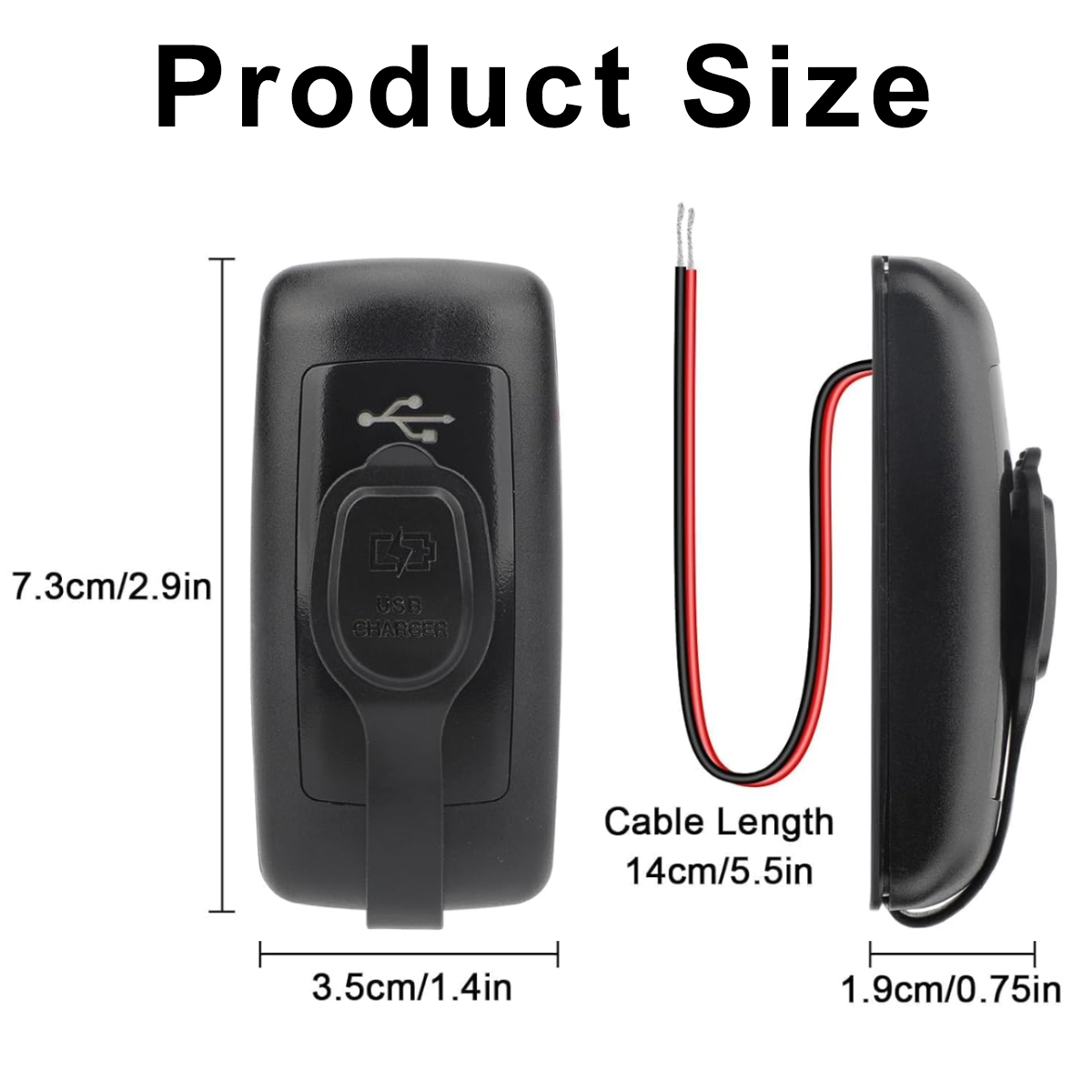 Das Bild zeigt ein schwarzes USB-Ladegerät, Abmessungen und Kabellänge. Text zeigt 'Produktgröße' und 'USB-LADEGERÄT'.