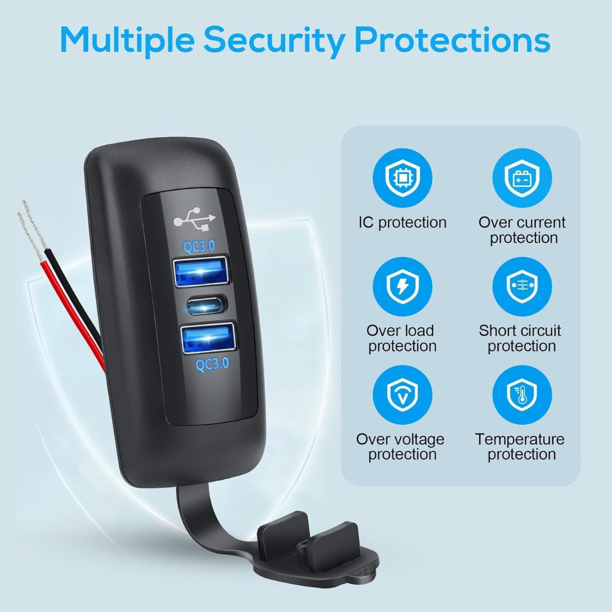 Schwarzes USB-Ladegerät mit drei Anschlüssen, Kabeln und Symbolen für Schutztypen. Text: Mehrere Sicherheitsvorkehrungen.