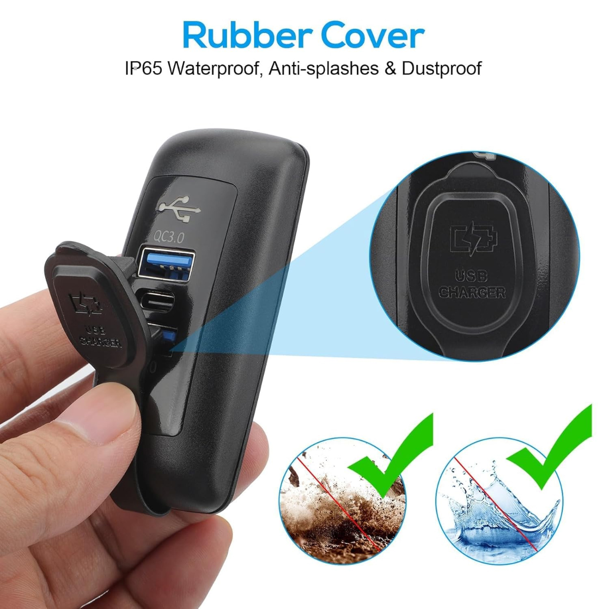 Ein schwarzes USB-Ladegerät mit Gummiabdeckung. Es verfügt über USB- und USB-C-Anschlüsse und ist wasserdicht und staubdicht. Eine Hand hält es.