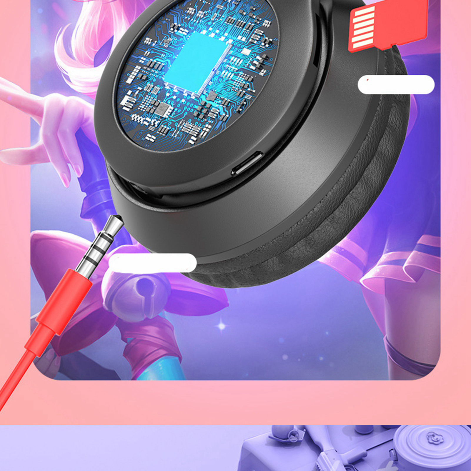 Schwarze Kopfhörer mit rotem Kabel. Das Design zeigt ein Leiterplattenbild. Ein rosa und lila Hintergrund ist sichtbar.