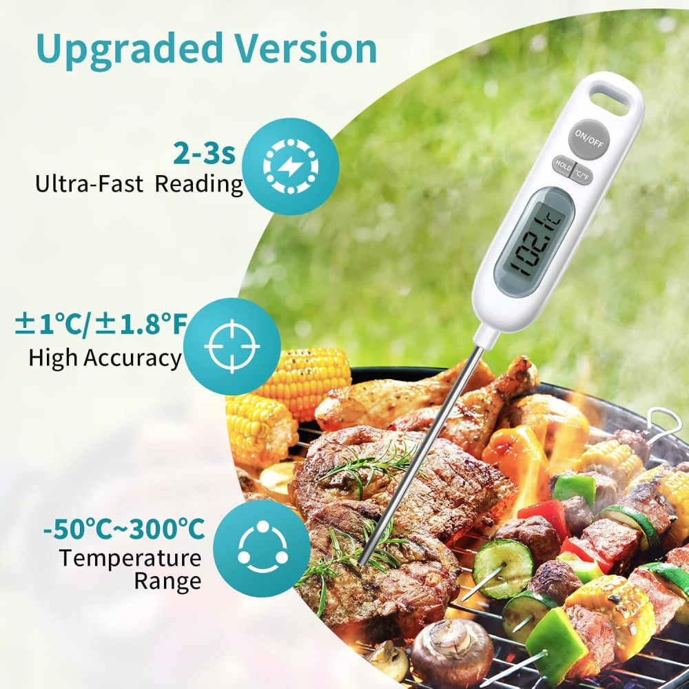 Ein digitales Thermometer zeigt 102,1°F. Es wird in gegrilltes Fleisch und Gemüse auf einem Grill gesteckt, mit dem Text 'Upgraded Version'.