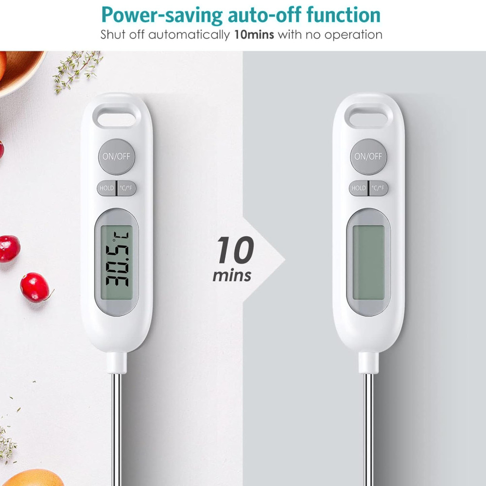 Das Bild zeigt ein weißes digitales Thermometer mit 30,5°C. Es hat eine Ein-/Aus-Taste und einen Bildschirm, mit einem Pfeil '10 Min'.