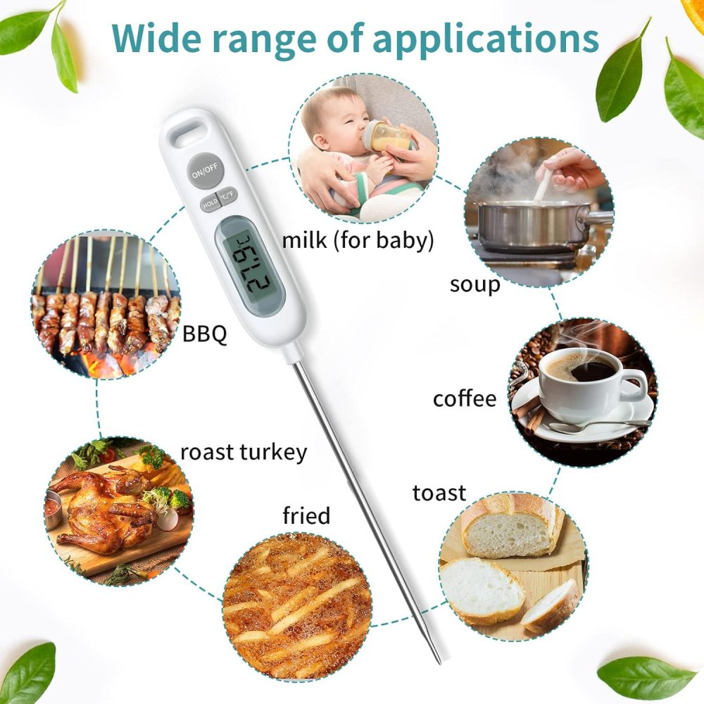 Digitales Thermometer mit verschiedenen Anwendungen. Enthält BBQ, Braten, Babymilch, Suppe, Kaffee, Toast und frittierte Lebensmittel.
