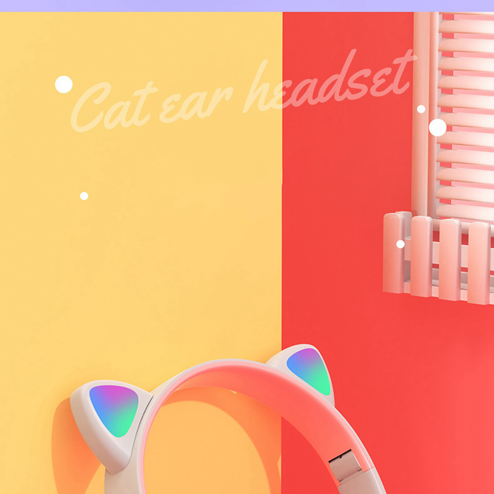 Katzenohrkopfhörer mit Regenbogenlichtern auf weißen Ohren, vor gelbem und rotem Hintergrund, mit Fenster.