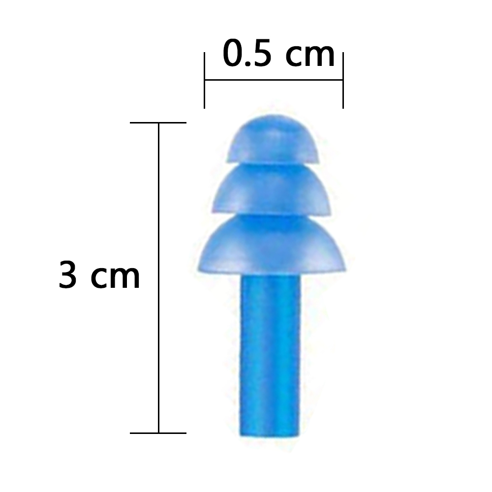 Ein blauer Ohrstöpsel, 3 cm hoch und 0,5 cm breit, zeigt ein geschichtetes Design und einen Stiel, vor weißem Hintergrund.