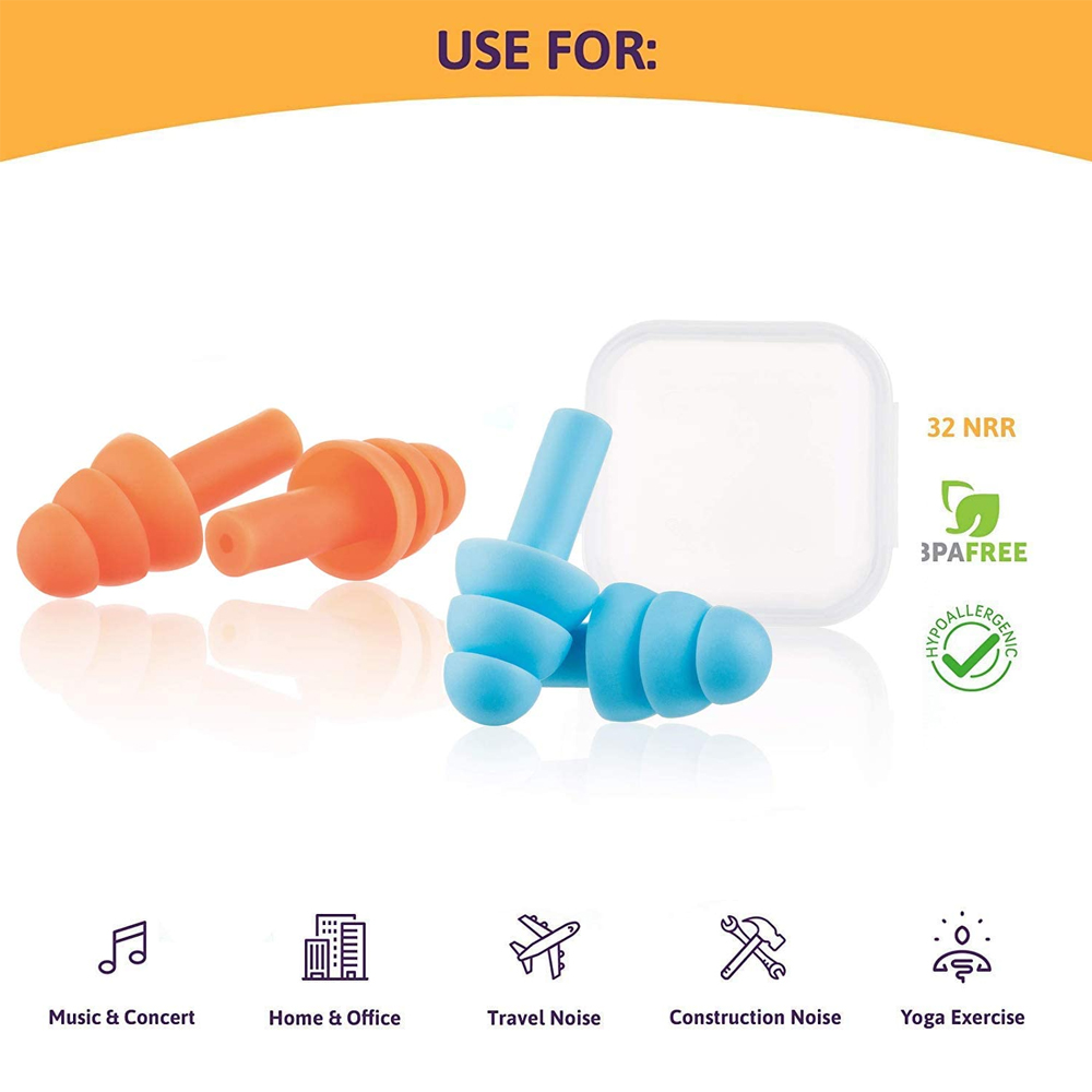 Das Bild zeigt orange und blaue Ohrstöpsel, eine weiße Hülle und Symbole für verschiedene Anwendungen wie Musik, Reisen und Bau.